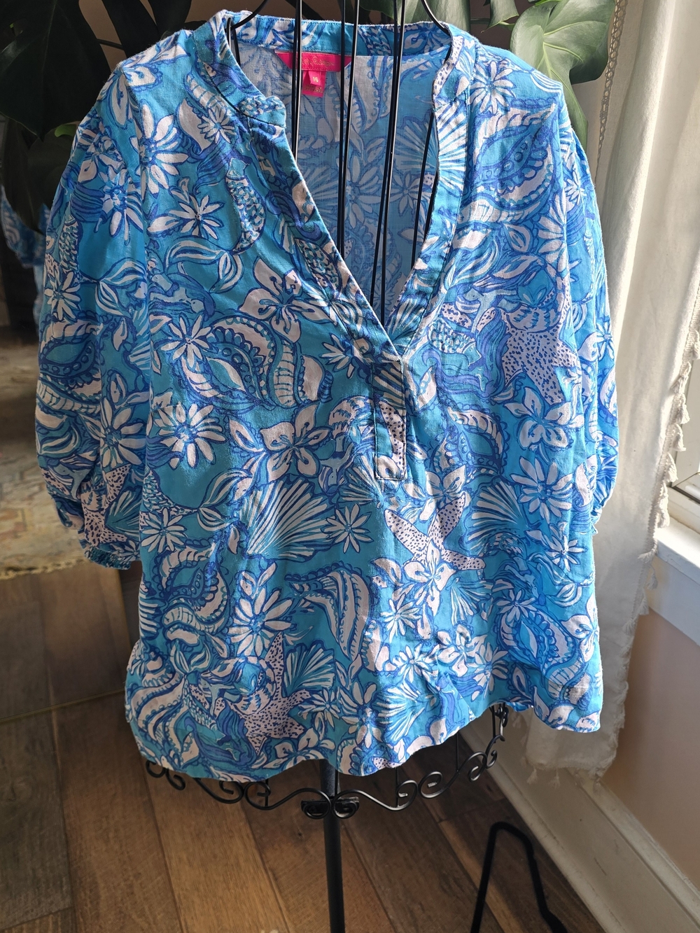 Lilly Pulitzer Mialeigh Elbow-Sleeve Linen Top Size 16